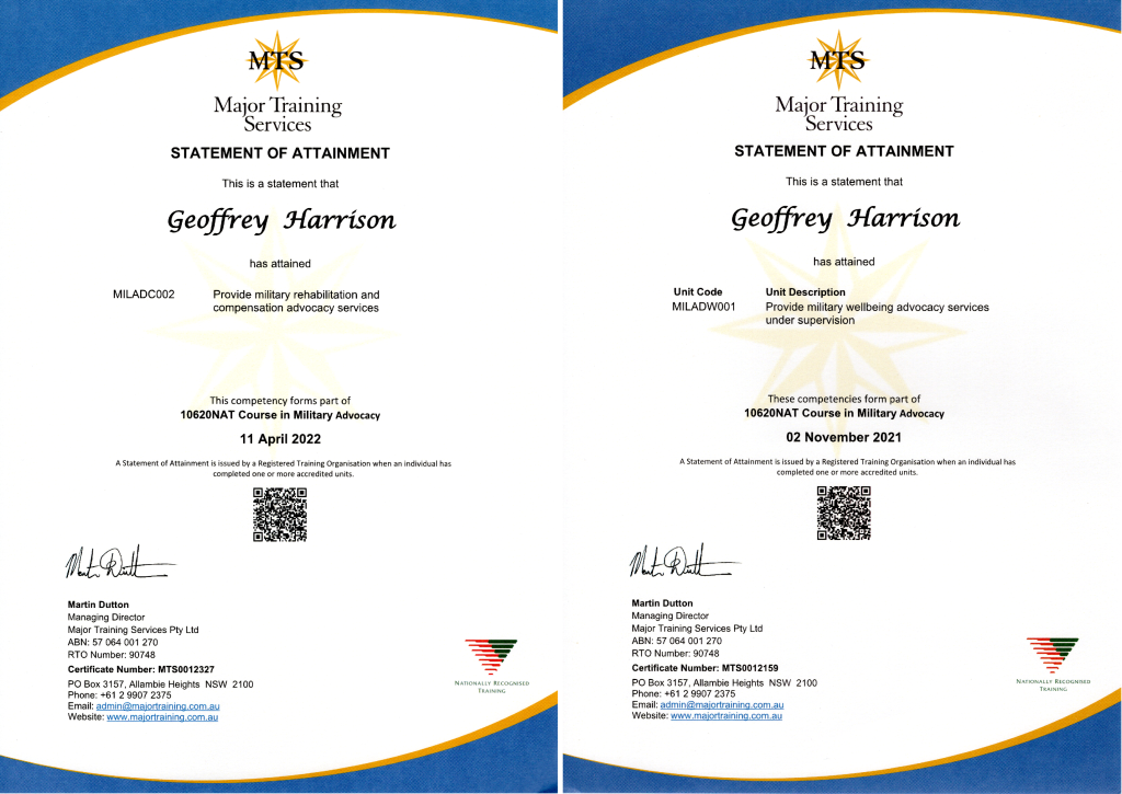 Geoff's Statements of Attainment for Wellbeing Advocate Level 1 and Compensation Advocate Level 2.